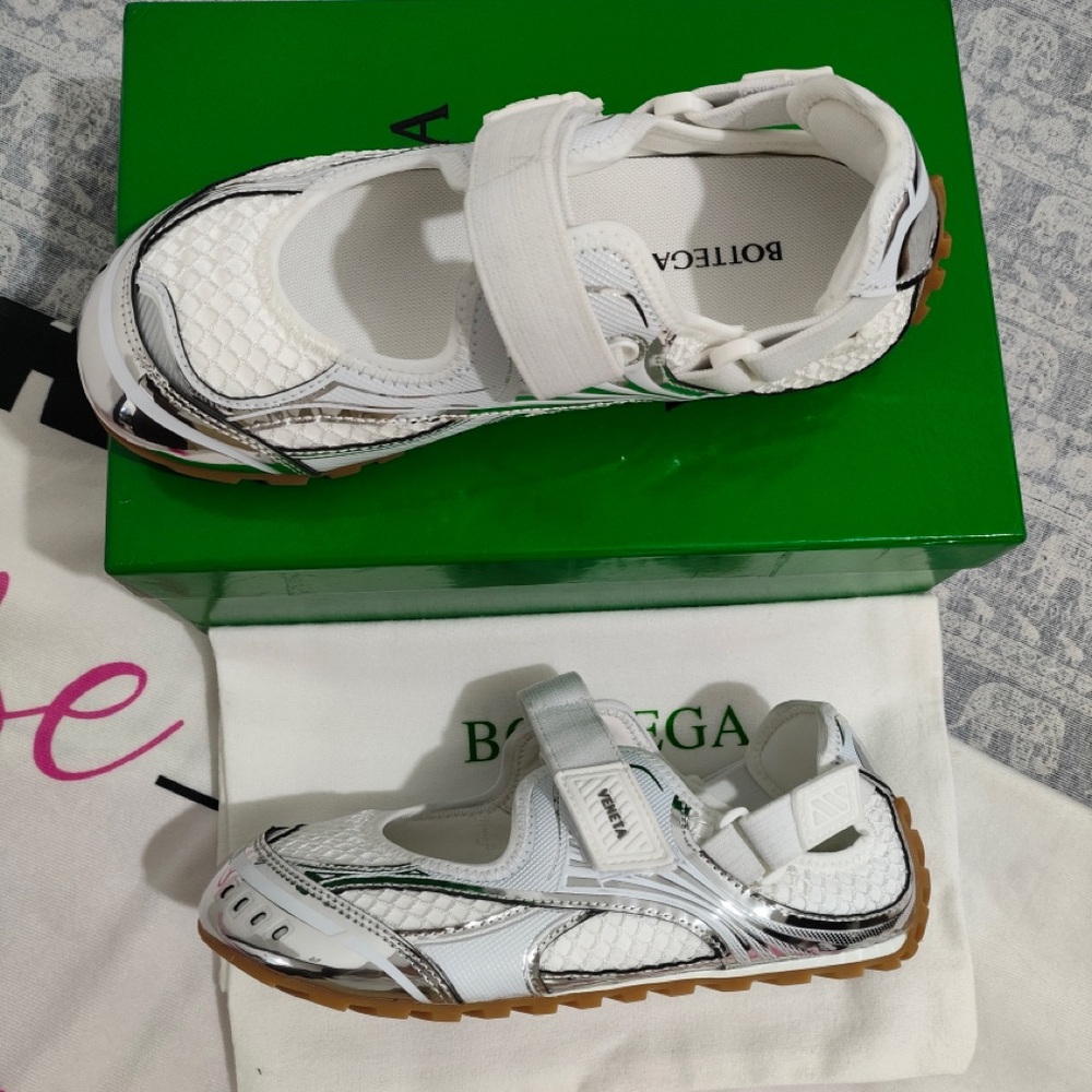 Bottega Veneta White and Silver Mary Jane Sport Flats